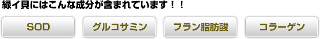 緑イ貝にはこんな成分が含まれています。SOD、グルコサミン、フラン脂肪酸、コラーゲン